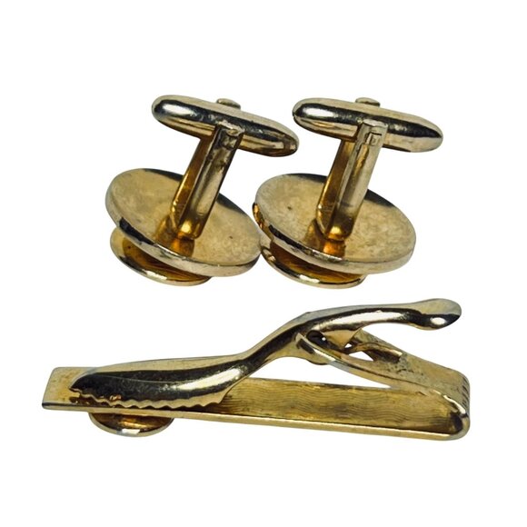 Vintage Gold Tone And Faux Pearl Tie Bar And Cufflinks Set (6056) - Picture 3 of 3
